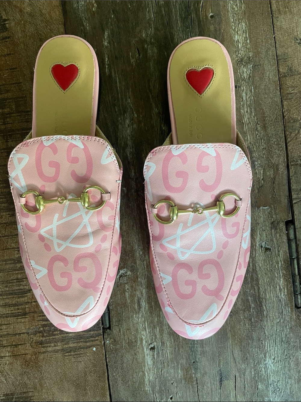 Pink Horsebit Leather mules with Red Heart Insole and white/pink graffiti print